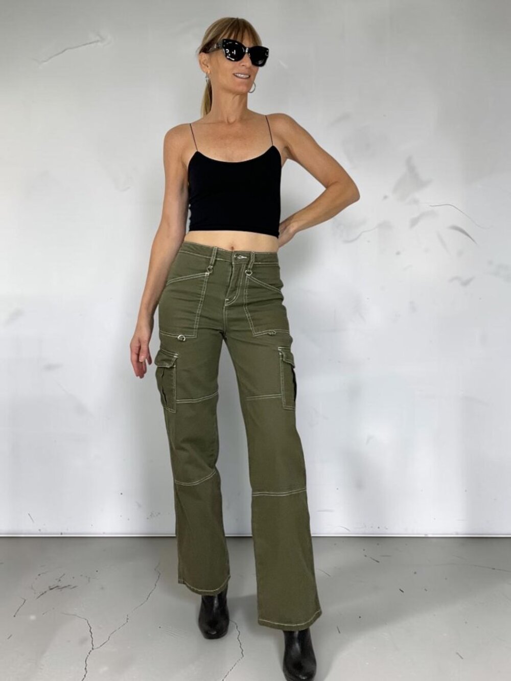 Rachel Paige Cargo Pants XS Green White Stitching Wide Leg